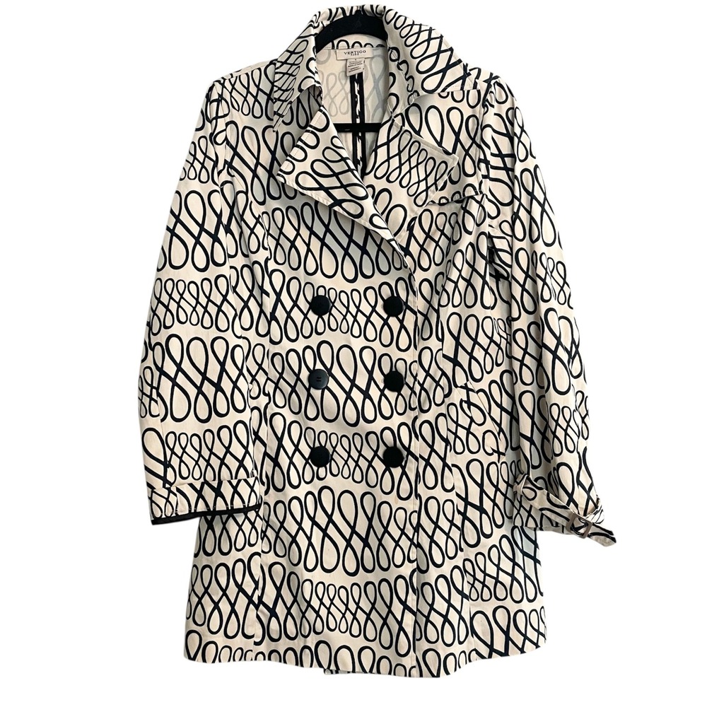 Vertigo Paris Trench Coat Black & White Print Double Breasted Jacket L‎ Chic